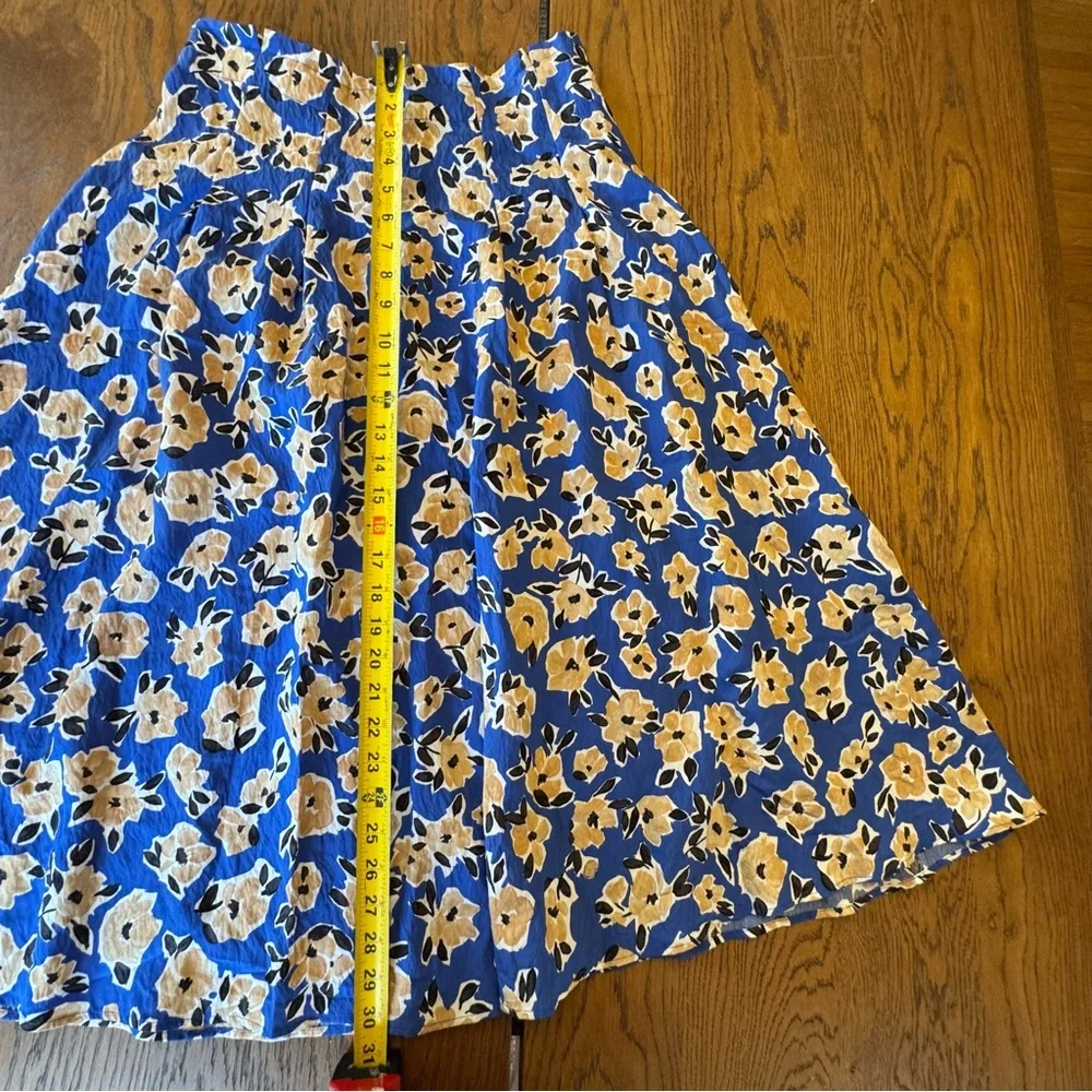 Ann Taylor Blue Floral A-Line‎ Skirt Paperbag Pleated Midi Skirt